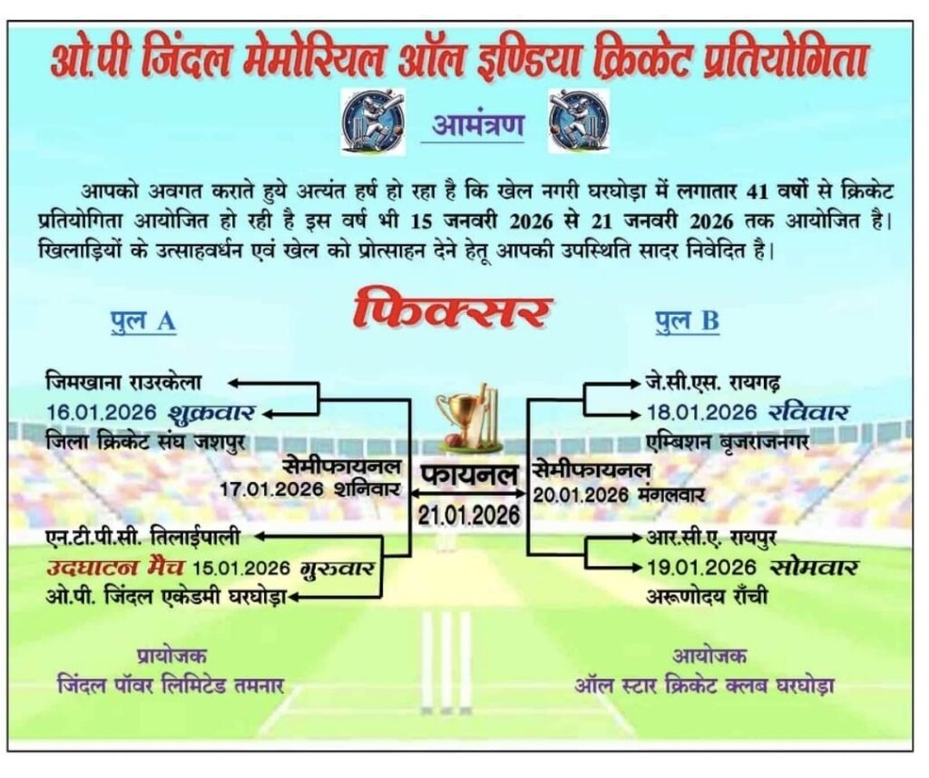 ओ.पी. जिंदल मेमोरियल ऑल इंडिया क्रिकेट प्रतियोगिता का 42वां संस्करण 15 से 21 जनवरी तक घरघोड़ा में 2 1001709352